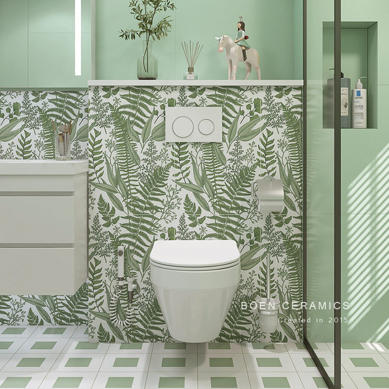 新款 北欧卫生间植物瓷砖绿色花砖厕所浴室墙砖厨房白色阳台地砖