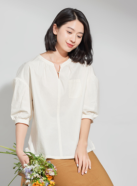G22S-008【细语】瓷片高端复古文艺设计师原创白色茶色棉衬衫