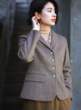 G24D-033【绮窗前】瓷片高端复古文艺秋冬人字纹西装上衣外套