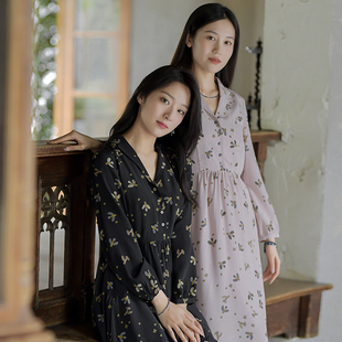 瓷片高端复古文艺桑蚕丝印花西服领连衣裙 月微凉 G24Q 014