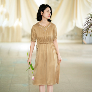 瓷片高端复古文艺设计师原创铜氨连衣裙 胭染桃风 G23C 028