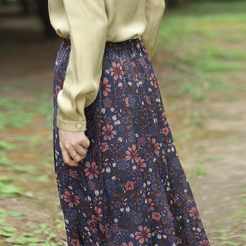 桑蚕丝印花松紧腰半身裙