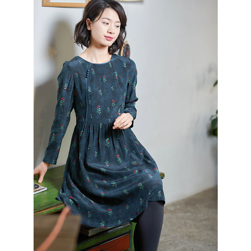 北京瓷片复古文艺印花X型连衣裙