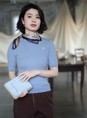 CM-00126C2【山雨】北京瓷片高端复古文艺羊毛贝壳装饰双色针织衫