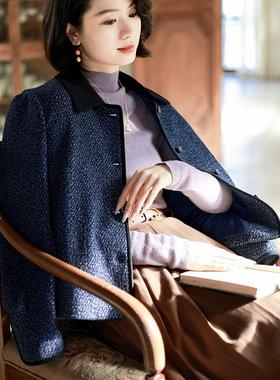 G25C-008【雪月】瓷片高端复古文艺黑蓝色弹力羊毛短款上衣风衣