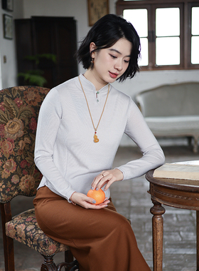 G25M-030【寒辞】北京瓷片高端复古文艺轻中式美丽诺羊毛套头衫