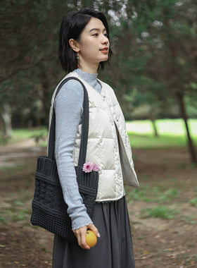 G25Q-020【露微黄】北京瓷片高端复古文艺95纯白鸭绒羽绒马甲