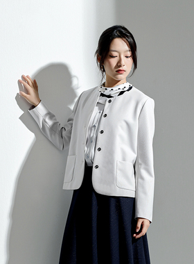 G24Q-023【自在如云】瓷片高端复古文艺灰色圆领羊毛上衣外套