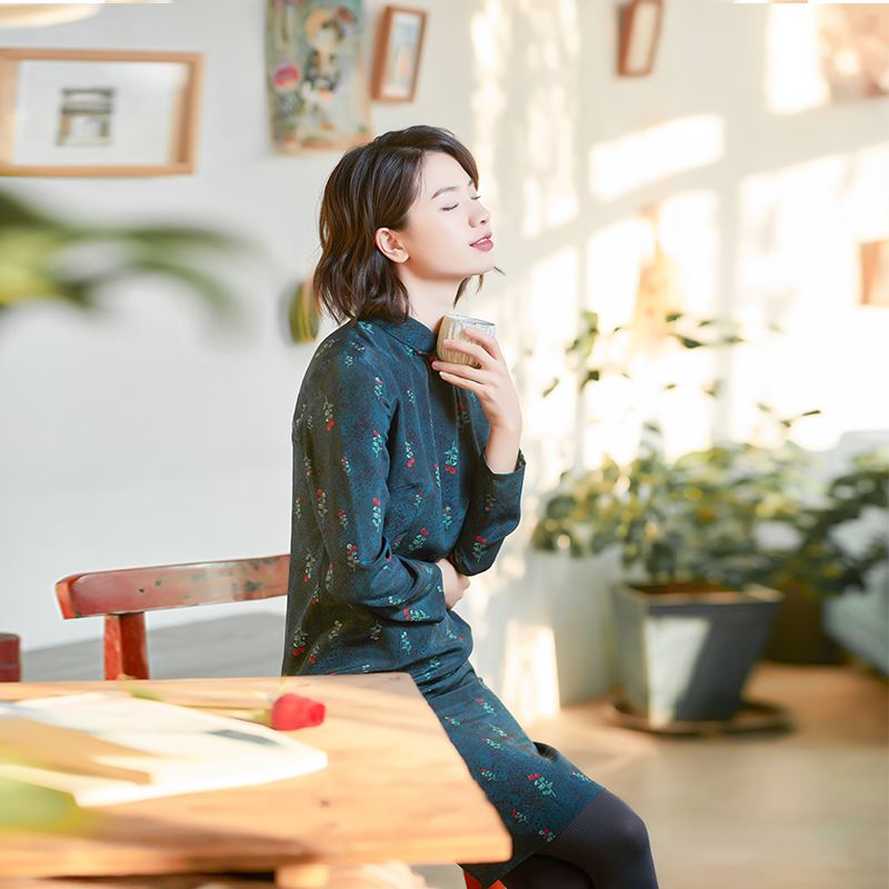 桑蚕丝印花复古文艺长款旗袍