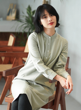 G21D-032【浅芽】瓷片高端文艺立领半开襟羊毛混纺长衬衫