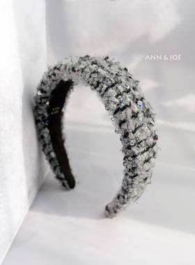 ANNJOE气质灰色羊毛宽边发箍 秋冬季高颅顶头箍简约原创手工头饰