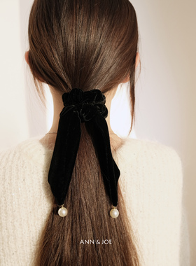 日系轻奢复古黑色真丝天鹅绒珍珠发圈长飘带发绳秋冬百搭少女发饰