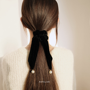 日系轻奢复古黑色真丝天鹅绒珍珠发圈长飘带发绳秋冬百搭少女发饰