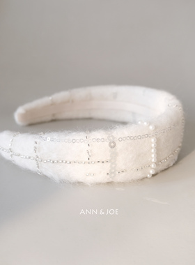 白色钉珠手工羊毛发箍加宽增高颅顶头箍女气质小众轻奢风珍珠头饰