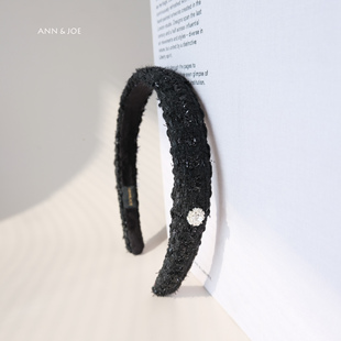 黑色小香风毛呢水钻细款发箍女 舒适不勒气质手工头箍高级感发饰