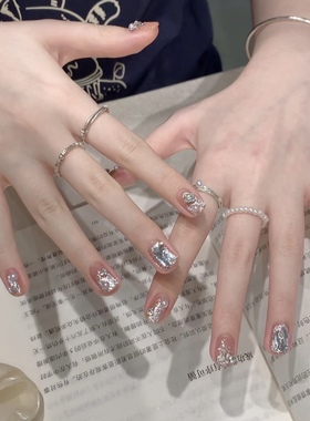 NZ手工定制甲片拆卸穿戴假指甲光疗贴白精灵铂金爆闪猫眼镶钻美甲