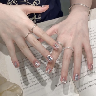 NZ手工定制甲片拆卸穿戴假指甲光疗贴白精灵铂金爆闪猫眼镶钻美甲