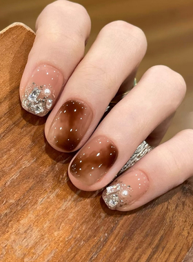 NZ手工定制甲片可拆卸穿戴假指甲光疗贴秋日氛围感琥珀美拉德美甲