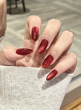 NZ手工定制甲片可拆卸穿戴假指甲光疗贴显白高级气质红色猫眼美甲