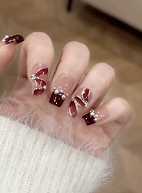 NZ手工定制甲片拆卸穿戴假指甲光疗贴新年红色系飘带法式珍珠美甲