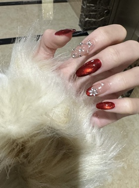 NZ手工定制甲片拆卸穿戴假指甲光疗春节氛围感红色系猫眼贴钻美甲