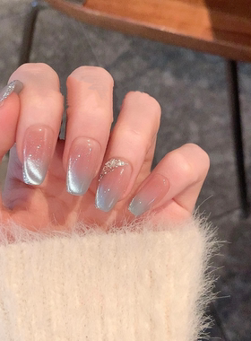 NZ手工定制甲片可拆卸穿戴假指甲夏天冰透海水蓝渐变猫眼镶钻美甲