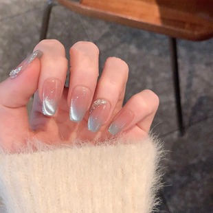 NZ手工定制甲片可拆卸穿戴假指甲夏天冰透海水蓝渐变猫眼镶钻美甲