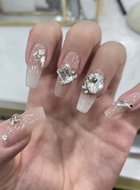 NZ手工定制甲片拆卸成品穿戴假指甲光疗温柔裸色乳白渐变满钻美甲