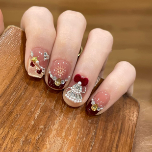 NZ手工定制甲片拆卸穿戴假指甲光疗圣诞新年红金配色法式闪钻美甲