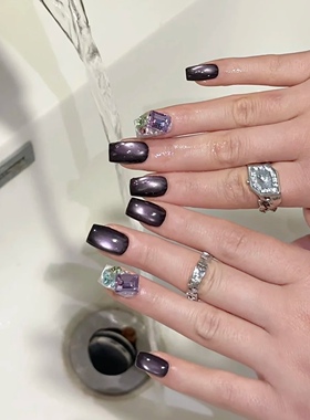 NZ手工定制甲片可拆卸穿戴假指甲光疗贴九紫离火紫色猫眼镶钻美甲
