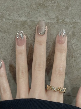 NZ手工定制甲片拆卸穿戴假指甲光疗贴冰透灰色玻璃珠猫眼贴钻美甲