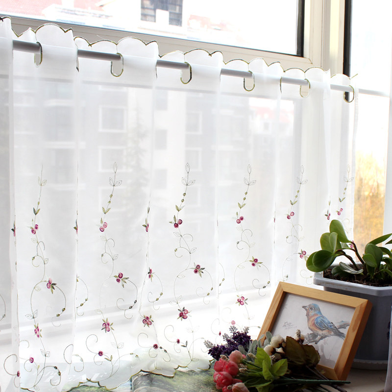美式乡村田园半帘咖啡帘短帘纱帘成品窗帘蔷薇花朵卧室书房隔断帘