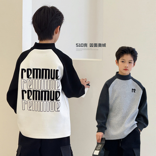 加绒插肩袖 儿童打底衫 厚中大童上衣韩版 新款 纯棉男童t恤 2025冬装