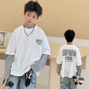 男孩纯棉打底假两件中大童上衣儿童体恤 新款 男童t恤长袖 2026春装
