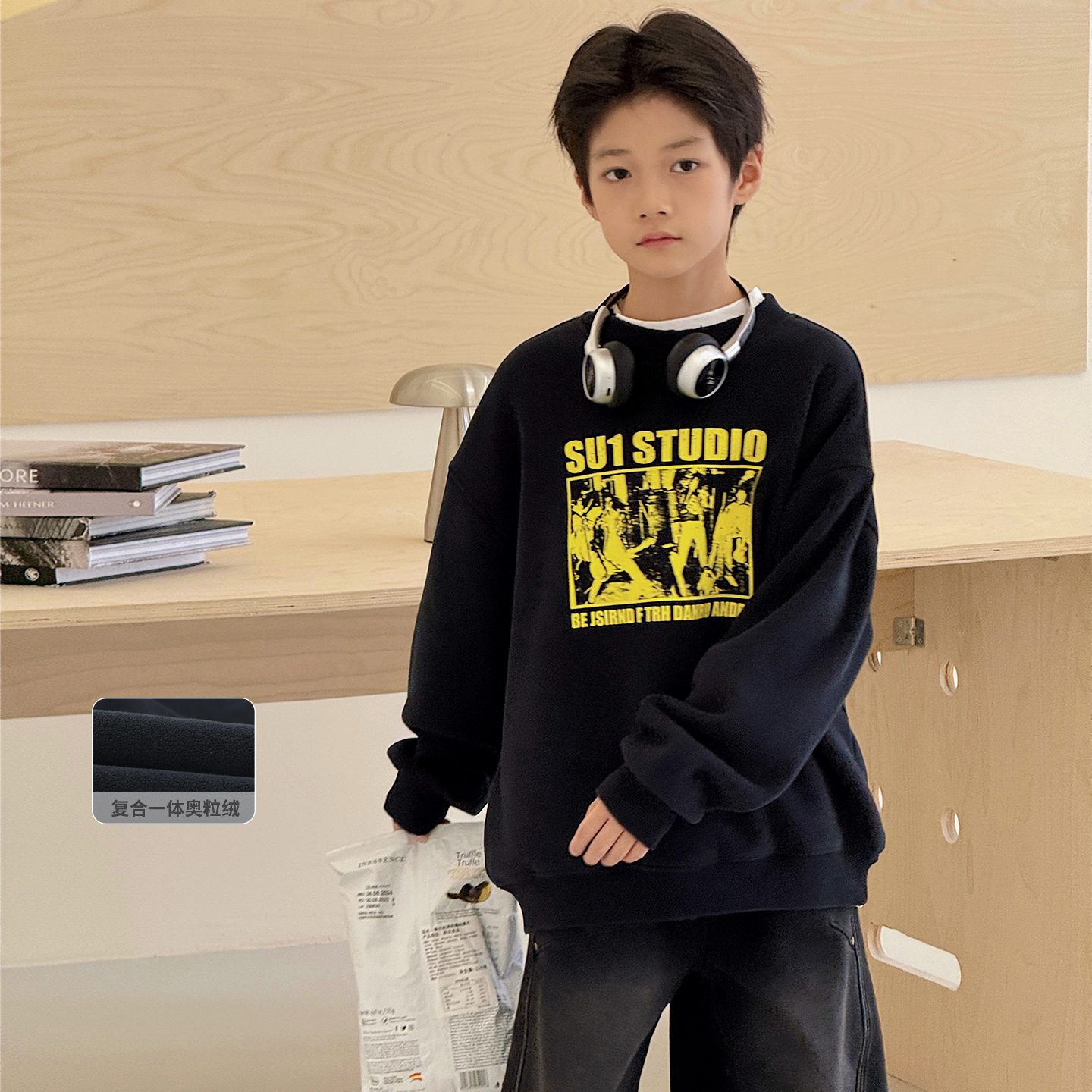 男童加绒卫衣2025冬装新款自制儿童一体绒套头衫加厚中大童外套潮