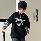 男童加绒卫衣2024冬装 厚儿童外套 上衣假两件套头衫 新款 中大童韩版