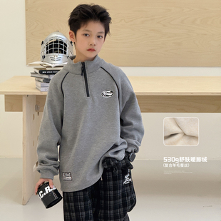韩版 儿童加厚套头衫 立领上衣中大童外套 新款 男童加绒卫衣2025冬装