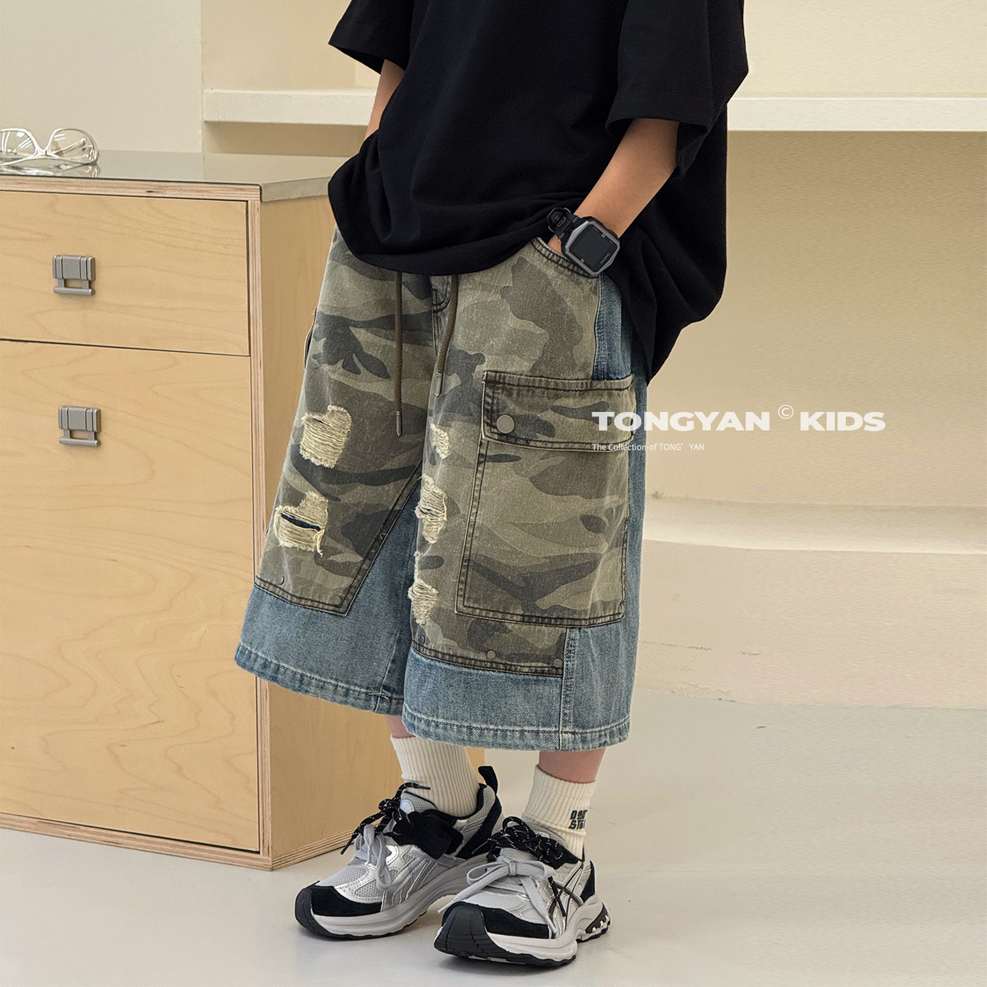 男童牛仔短裤2026夏装新款韩版中大童五分裤拼接裤子儿童迷彩短裤