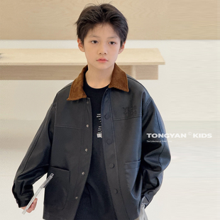 男童外套2025秋装新款自制帅气中大童上衣潮酷男孩机车风儿童皮衣