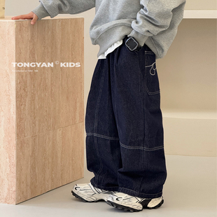2025春装 儿童裤 新款 复古中大童老爹裤 子潮 宽松男孩长裤 男童牛仔裤