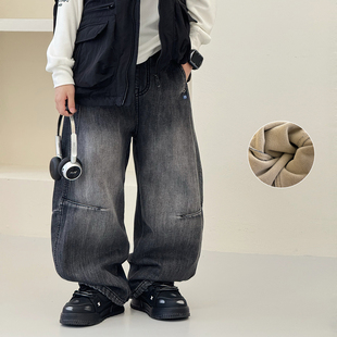 中大童老爹裤 男童加绒裤 加厚男孩棉裤 复古儿童牛仔裤 子2025冬新款