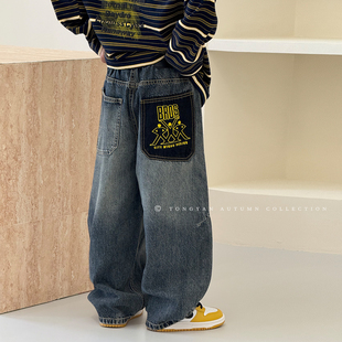 子2025秋装 儿童牛仔裤 新款 洋气男孩老爹裤 潮 中大童宽松长裤 男童裤