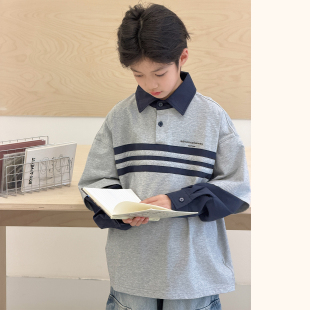 宽松体恤儿童POLO衫 男童T恤长袖 中大童翻领上衣韩版 新款 2026春装