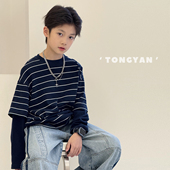 新款 男童长袖 T恤2026春装 中大童条纹上衣纯棉打底假两件儿童体恤