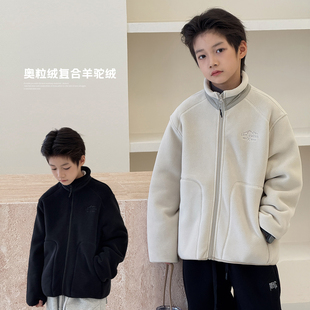 男童加绒外套2025冬装 中大童摇粒绒夹克厚冲锋衣儿童毛呢上衣 新款