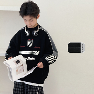 中大童圆领上衣男孩加厚外套儿童套头衫 男童加绒卫衣2025冬装 新款