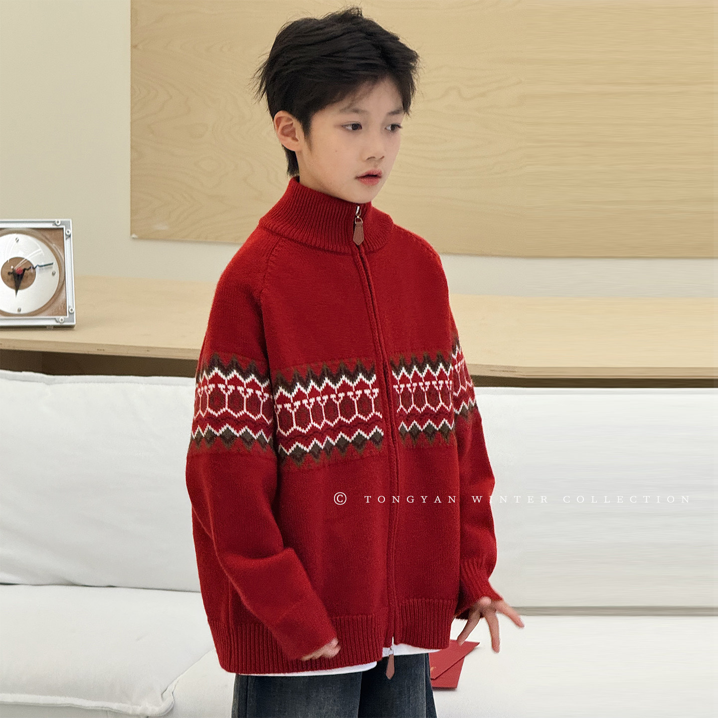 男童毛衣2025冬装新款红色新年拜年服加厚开衫毛线衣儿童针织外套