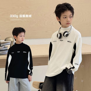 自制中大童双面澳绒内搭半高领厚男童体恤 新款 儿童打底衫 2025冬装