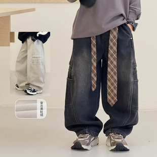 自制中大童工装 新款 裤 港风棉裤 暖 男童加绒裤 儿童牛仔裤 子2025冬装