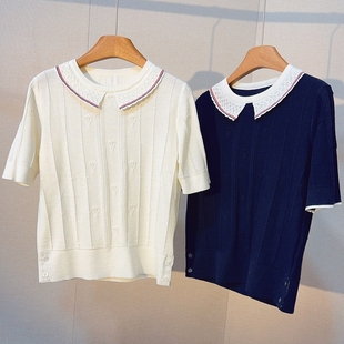 TB英伦学院风娃娃领短袖针织衫女春夏镂空提花羊毛混纺短款上衣